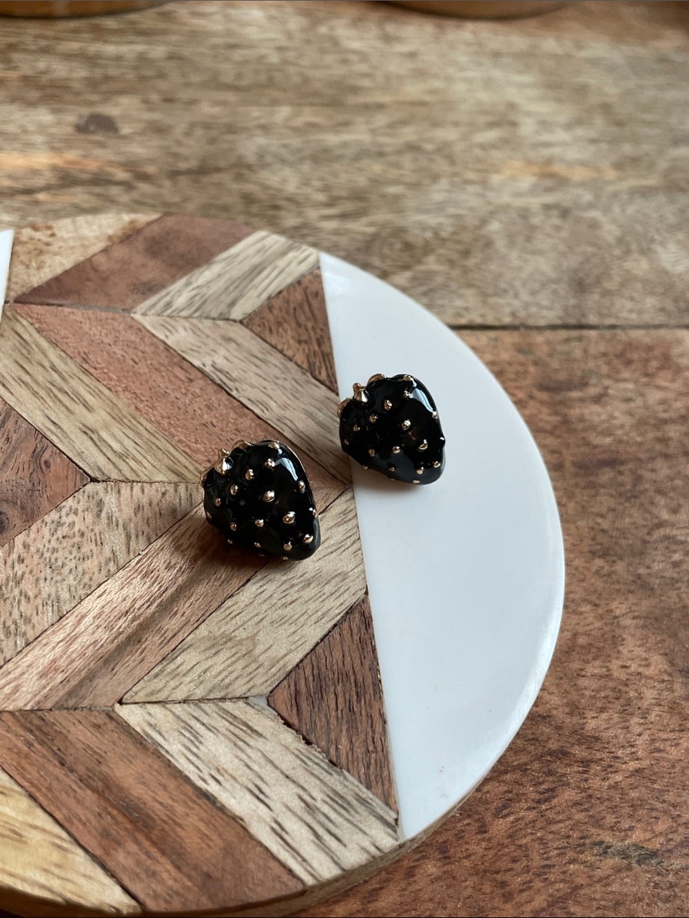 Black Strawberry Stud Earrings with Gold Dots